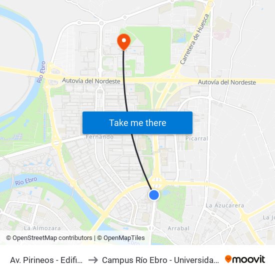 Av. Pirineos - Edificio Kasan to Campus Río Ebro - Universidad de Zaragoza map