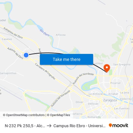 N-232 Pk 250,5 - Alcampo Utebo to Campus Río Ebro - Universidad de Zaragoza map