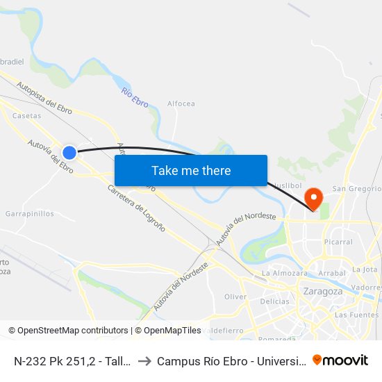 N-232 Pk 251,2 - Talleres Leciñena to Campus Río Ebro - Universidad de Zaragoza map