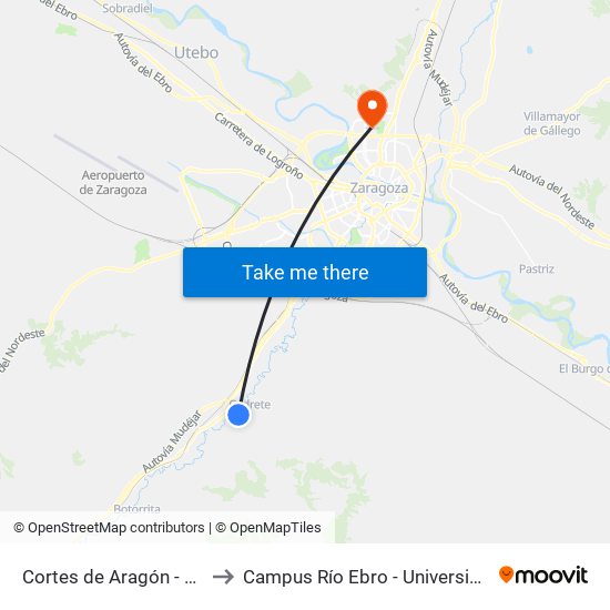 Cortes de Aragón - Juan Carlos I to Campus Río Ebro - Universidad de Zaragoza map