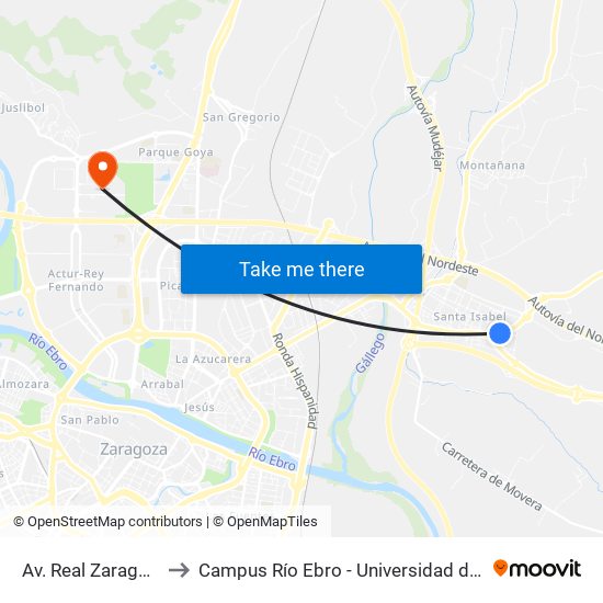 Av. Real Zaragoza, 65 to Campus Río Ebro - Universidad de Zaragoza map