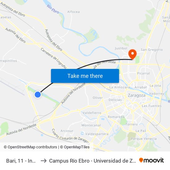 Bari, 11 - Inditex to Campus Río Ebro - Universidad de Zaragoza map