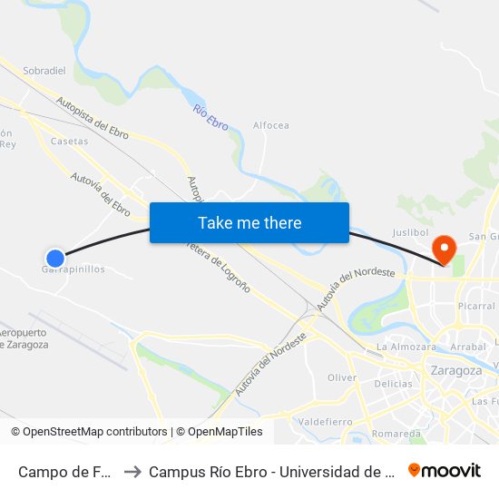 Campo de Fútbol to Campus Río Ebro - Universidad de Zaragoza map