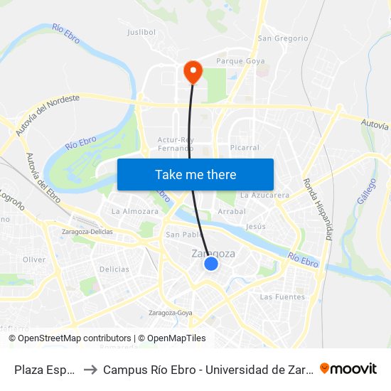 Plaza España to Campus Río Ebro - Universidad de Zaragoza map