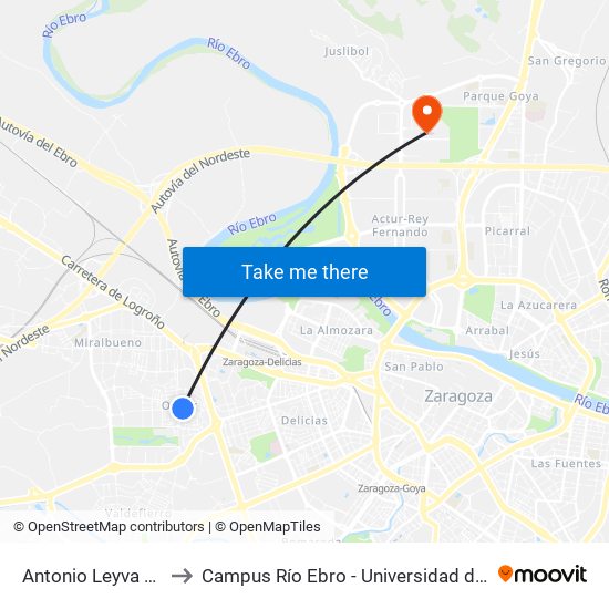 Antonio Leyva N. º 33 to Campus Río Ebro - Universidad de Zaragoza map