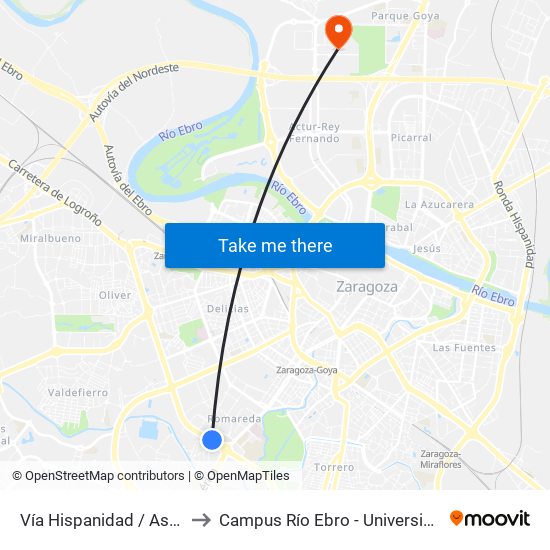 Vía Hispanidad / Asín y Palacios to Campus Río Ebro - Universidad de Zaragoza map