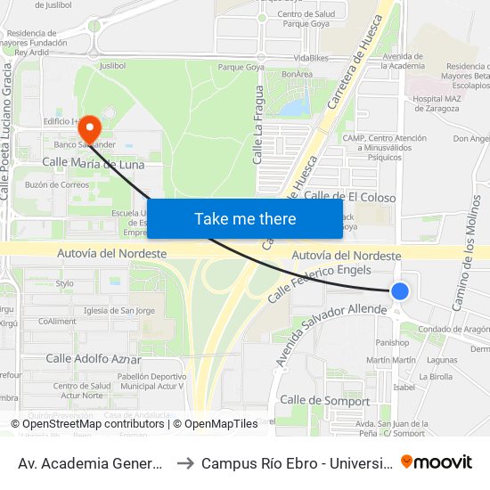 Av. Academia General Militar N. º 2 to Campus Río Ebro - Universidad de Zaragoza map