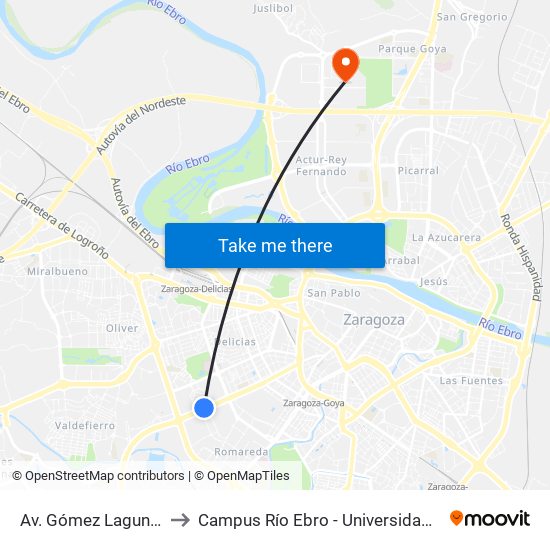 Av. Gómez Laguna N. º 20 to Campus Río Ebro - Universidad de Zaragoza map
