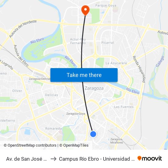 Av. de San José N. º 209 to Campus Río Ebro - Universidad de Zaragoza map