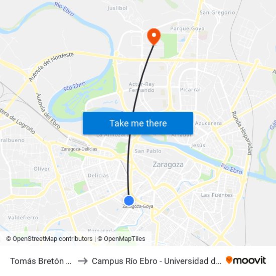 Tomás Bretón N. º 12 to Campus Río Ebro - Universidad de Zaragoza map