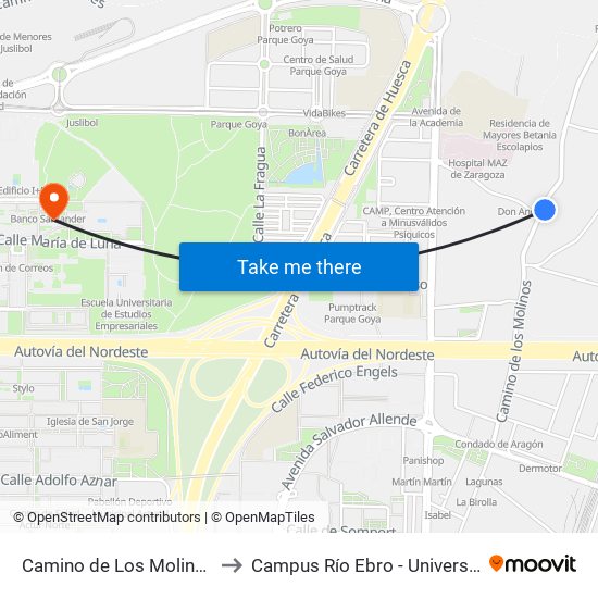 Camino de Los Molinos Fte. N. º 165 to Campus Río Ebro - Universidad de Zaragoza map