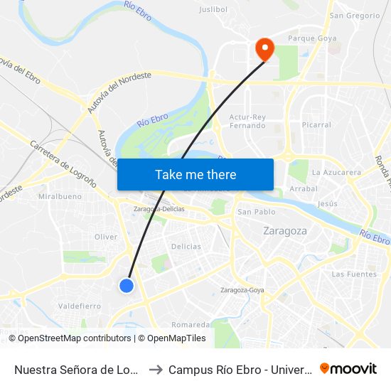 Nuestra Señora de Los Ángeles N. º 20 to Campus Río Ebro - Universidad de Zaragoza map