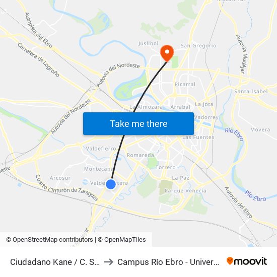 Ciudadano Kane / C. S. Valdespartera to Campus Río Ebro - Universidad de Zaragoza map