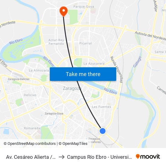 Av. Cesáreo Alierta / 3er Cinturón to Campus Río Ebro - Universidad de Zaragoza map