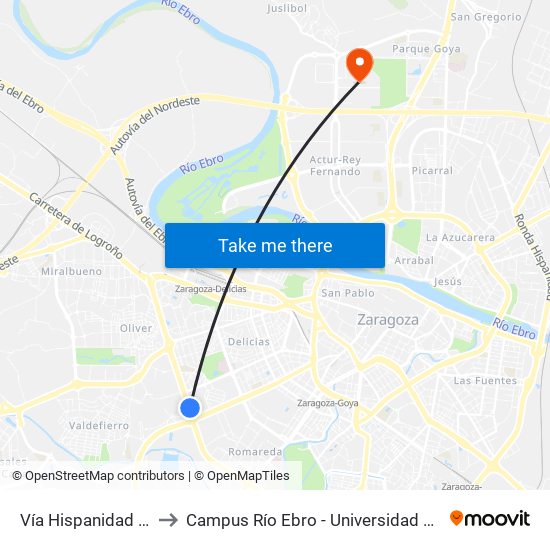 Vía Hispanidad N. º 56 to Campus Río Ebro - Universidad de Zaragoza map