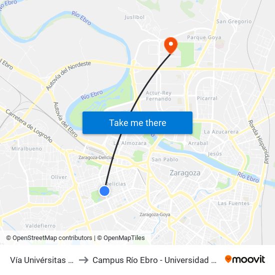 Vía Univérsitas N. º 44 to Campus Río Ebro - Universidad de Zaragoza map
