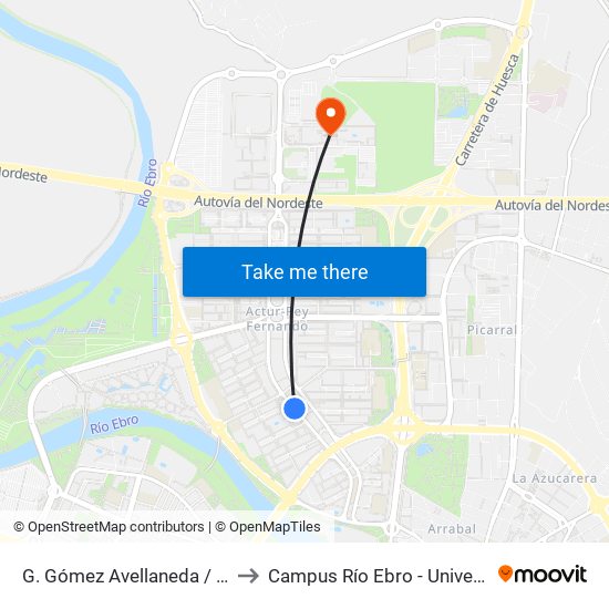 G. Gómez Avellaneda / Rosalía de Castro to Campus Río Ebro - Universidad de Zaragoza map