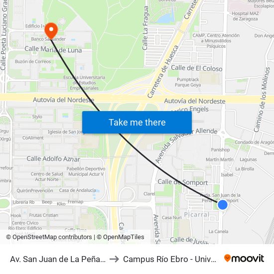 Av. San Juan de La Peña / Cno. Los Molinos to Campus Río Ebro - Universidad de Zaragoza map