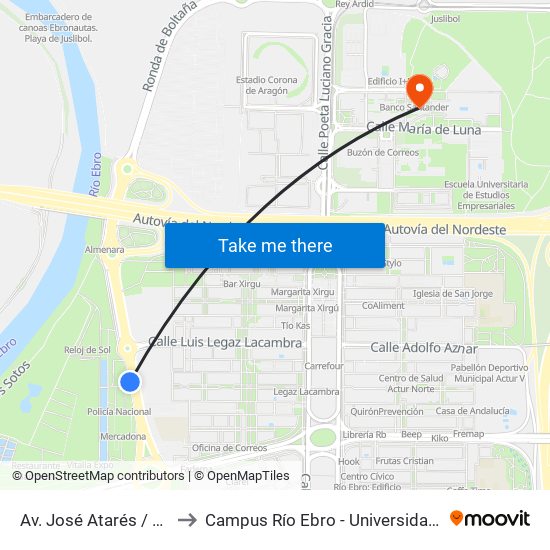 Av. José Atarés / Noria Siria to Campus Río Ebro - Universidad de Zaragoza map