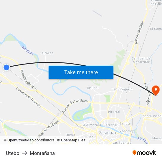 Utebo to Montañana map