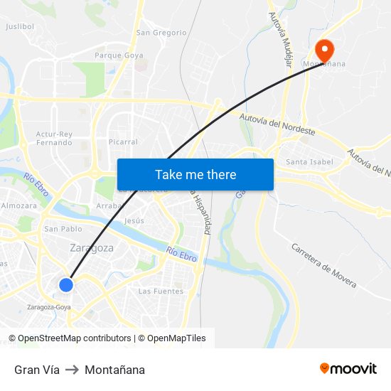 Gran Vía to Montañana map