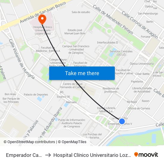 Emperador Carlos V to Hospital Clínico Universitario Lozano Blesa map
