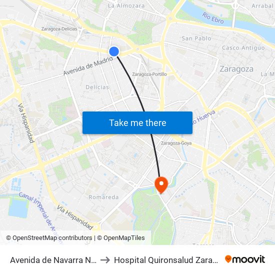 Avenida de Navarra Nº12 to Hospital Quironsalud Zaragoza map