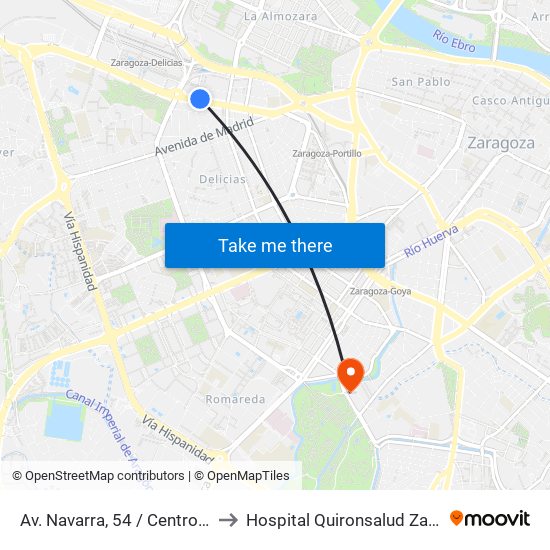 Av. Navarra, 54 / Centro Cívico to Hospital Quironsalud Zaragoza map