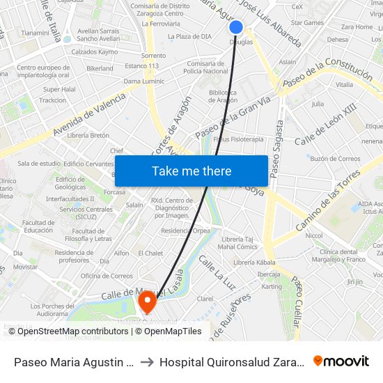Paseo Maria Agustin Nº7 to Hospital Quironsalud Zaragoza map