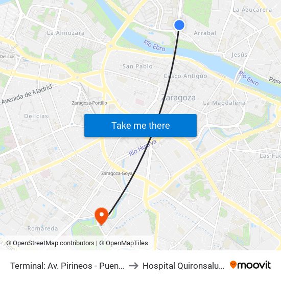 Terminal: Av. Pirineos - Puente de Santiago to Hospital Quironsalud Zaragoza map