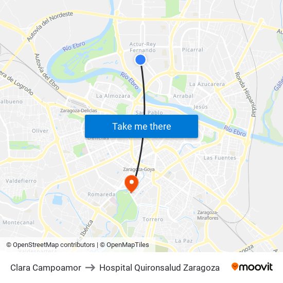 Clara Campoamor to Hospital Quironsalud Zaragoza map