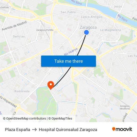 Plaza España to Hospital Quironsalud Zaragoza map