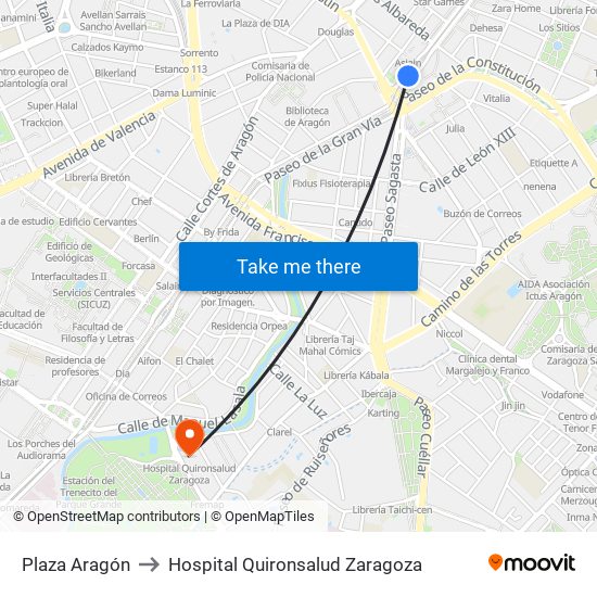 Plaza Aragón to Hospital Quironsalud Zaragoza map