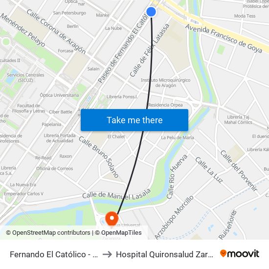 Fernando El Católico - Goya to Hospital Quironsalud Zaragoza map