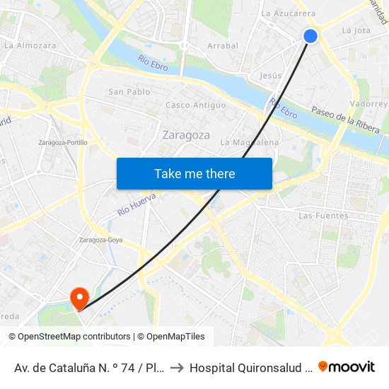 Av. de Cataluña N. º 74 / Plaza Mozart to Hospital Quironsalud Zaragoza map
