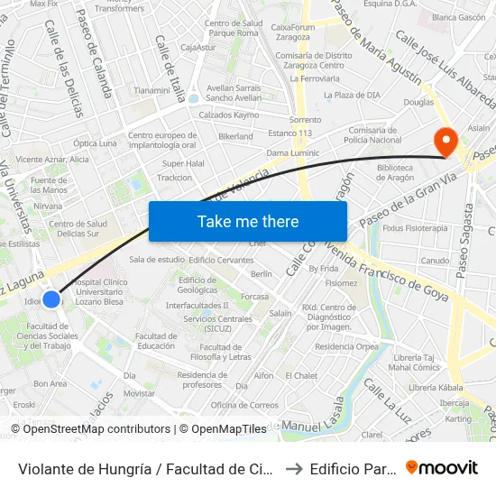 Violante de Hungría / Facultad de Ciencias Sociales to Edificio Paraninfo map