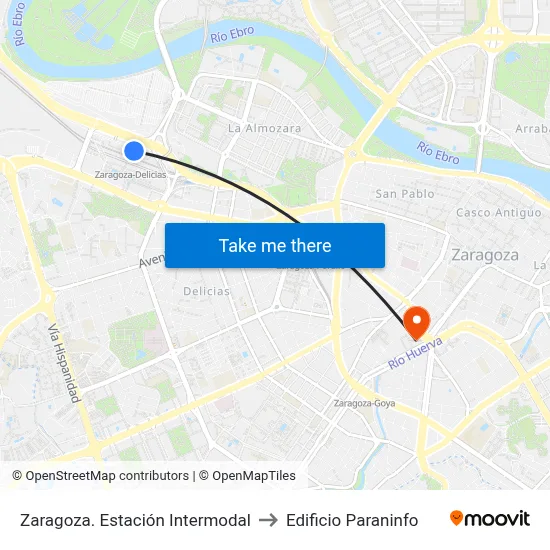 Zaragoza. Estación Intermodal to Edificio Paraninfo map