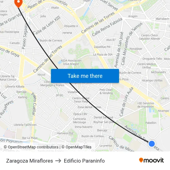Zaragoza Miraflores to Edificio Paraninfo map
