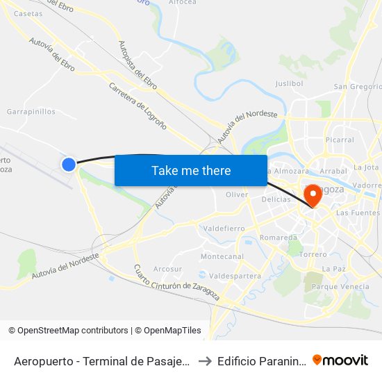 Aeropuerto - Terminal de Pasajeros to Edificio Paraninfo map