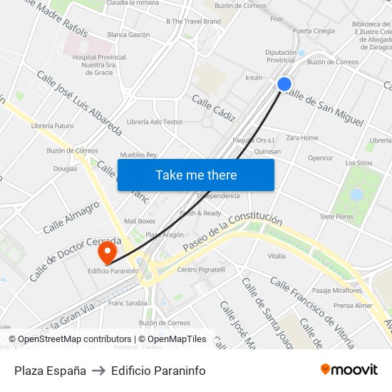 Plaza España to Edificio Paraninfo map