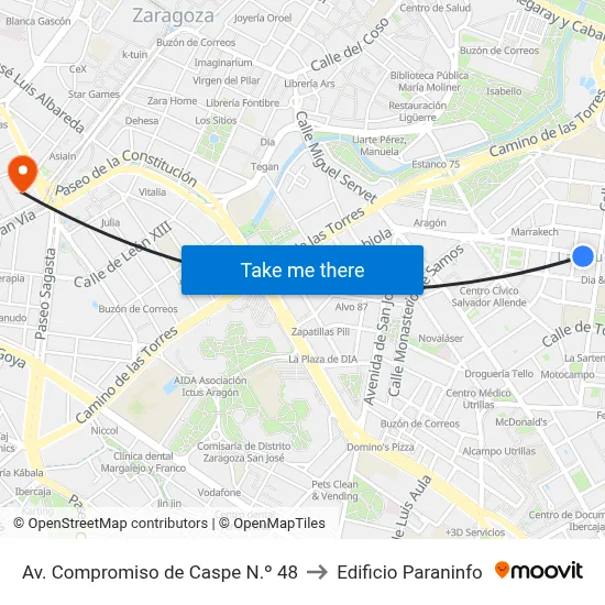 Av. Compromiso de Caspe N.º 48 to Edificio Paraninfo map
