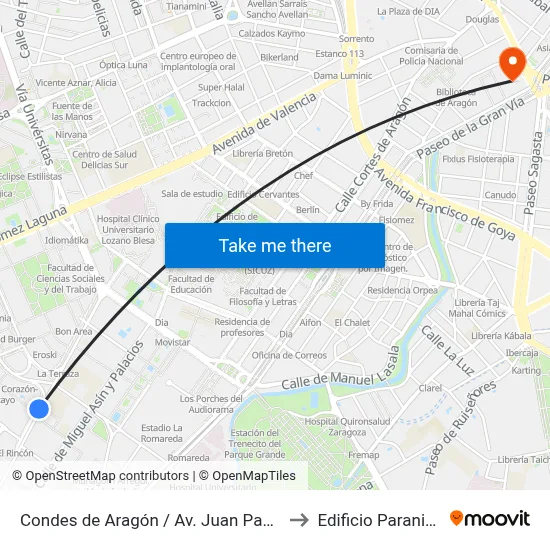 Condes de Aragón / Av. Juan Pablo II to Edificio Paraninfo map