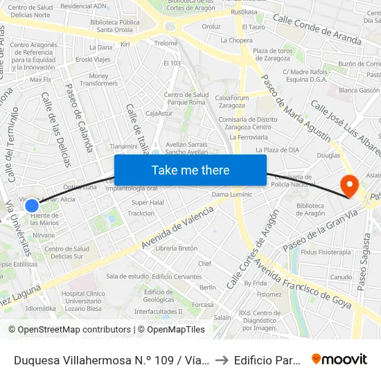 Duquesa Villahermosa N.º 109 / Vía Univérsitas to Edificio Paraninfo map