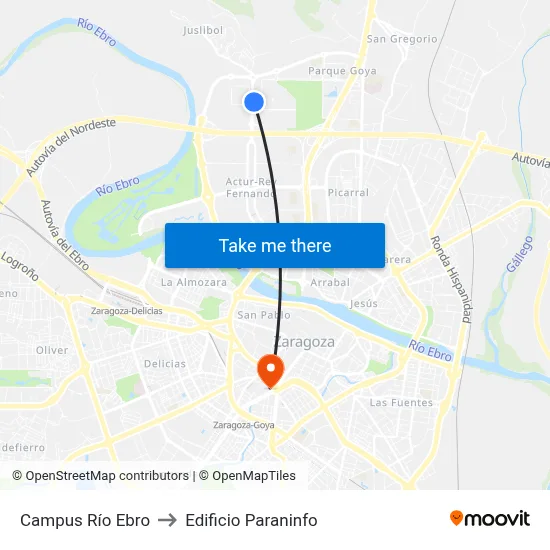 Campus Río Ebro to Edificio Paraninfo map