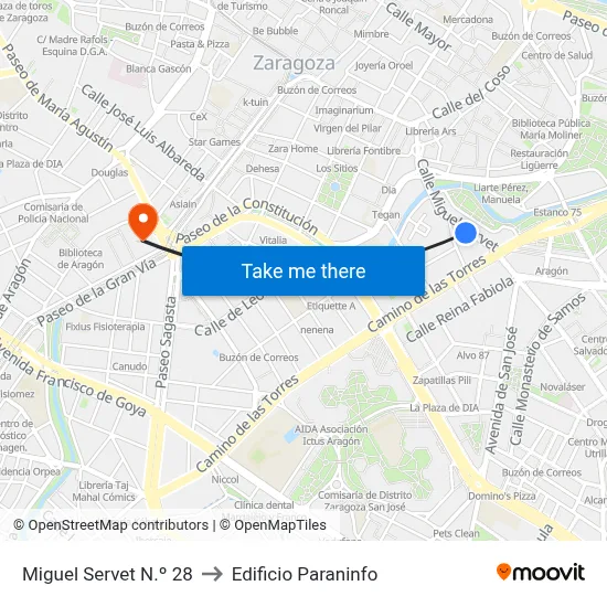 Miguel Servet N.º 28 to Edificio Paraninfo map