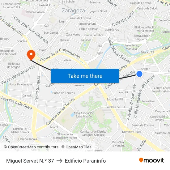 Miguel Servet N.º 37 to Edificio Paraninfo map