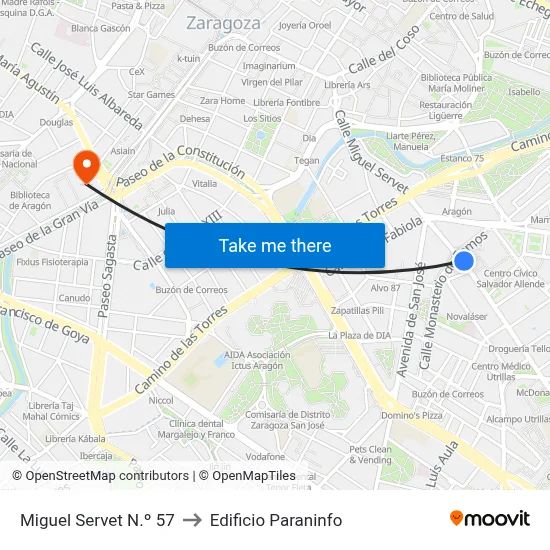 Miguel Servet N.º 57 to Edificio Paraninfo map