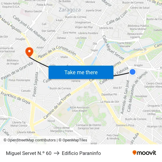 Miguel Servet N.º 60 to Edificio Paraninfo map