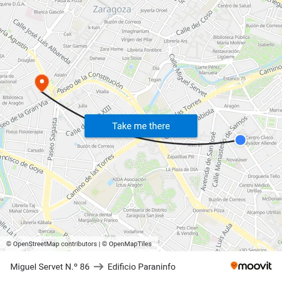 Miguel Servet N.º 86 to Edificio Paraninfo map