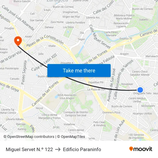 Miguel Servet N.º 122 to Edificio Paraninfo map
